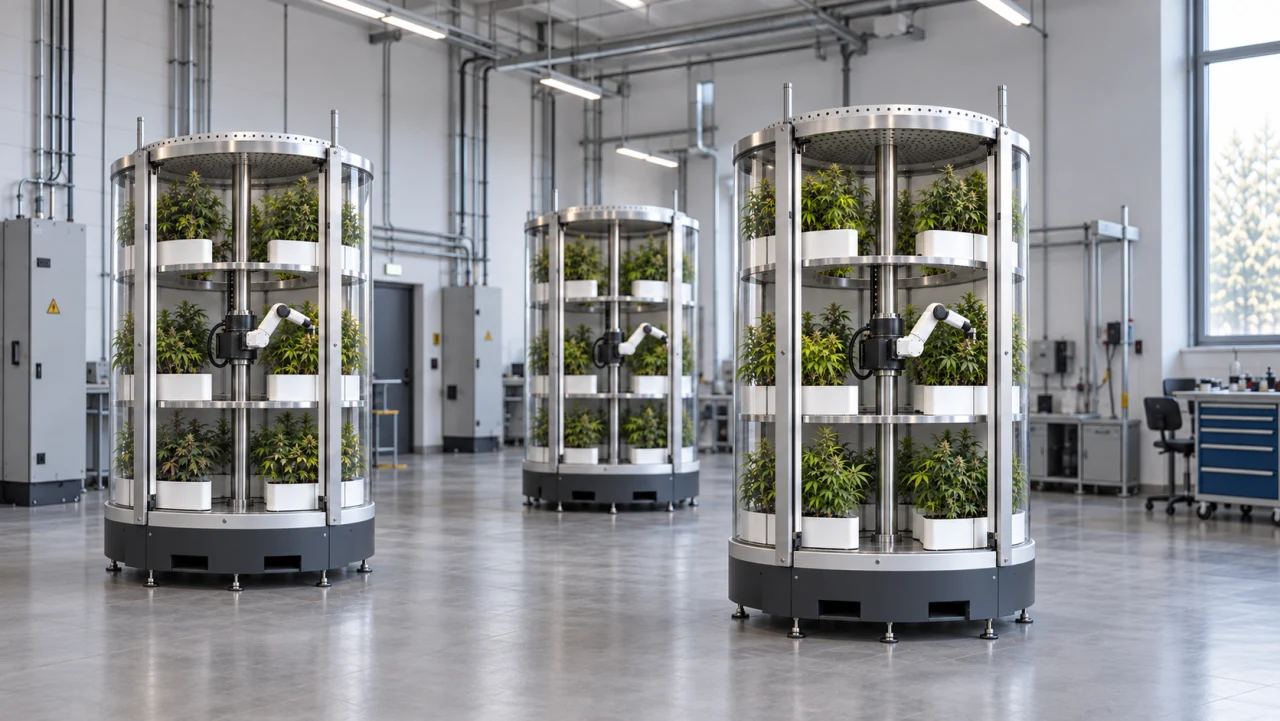 Concept visualisation of a proposed industrial hall with four matching three-tier cylindrical modules and central robotic arms.