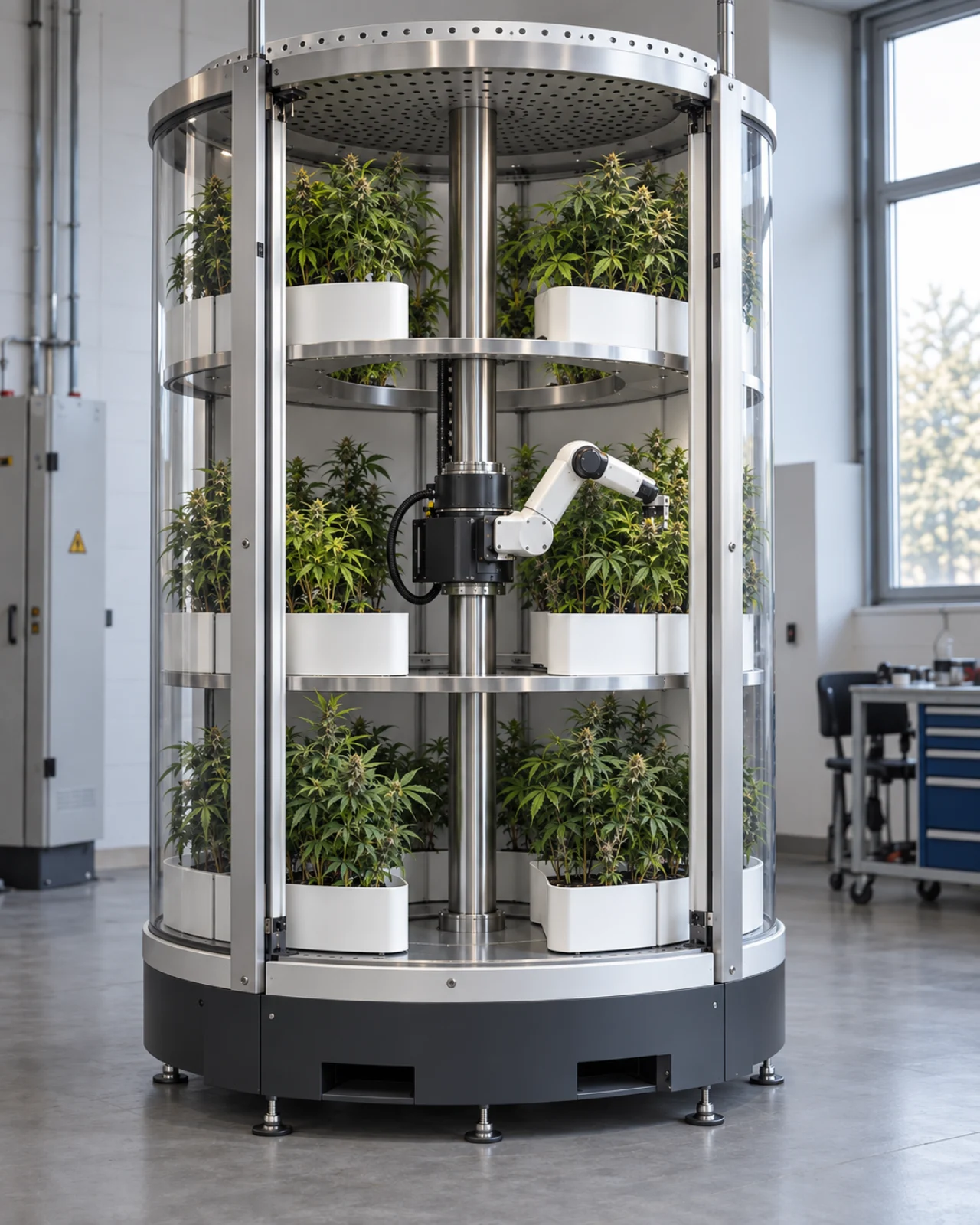 Concept visualisation of a three-tier cylindrical cultivation module with a single robotic arm on a central column.