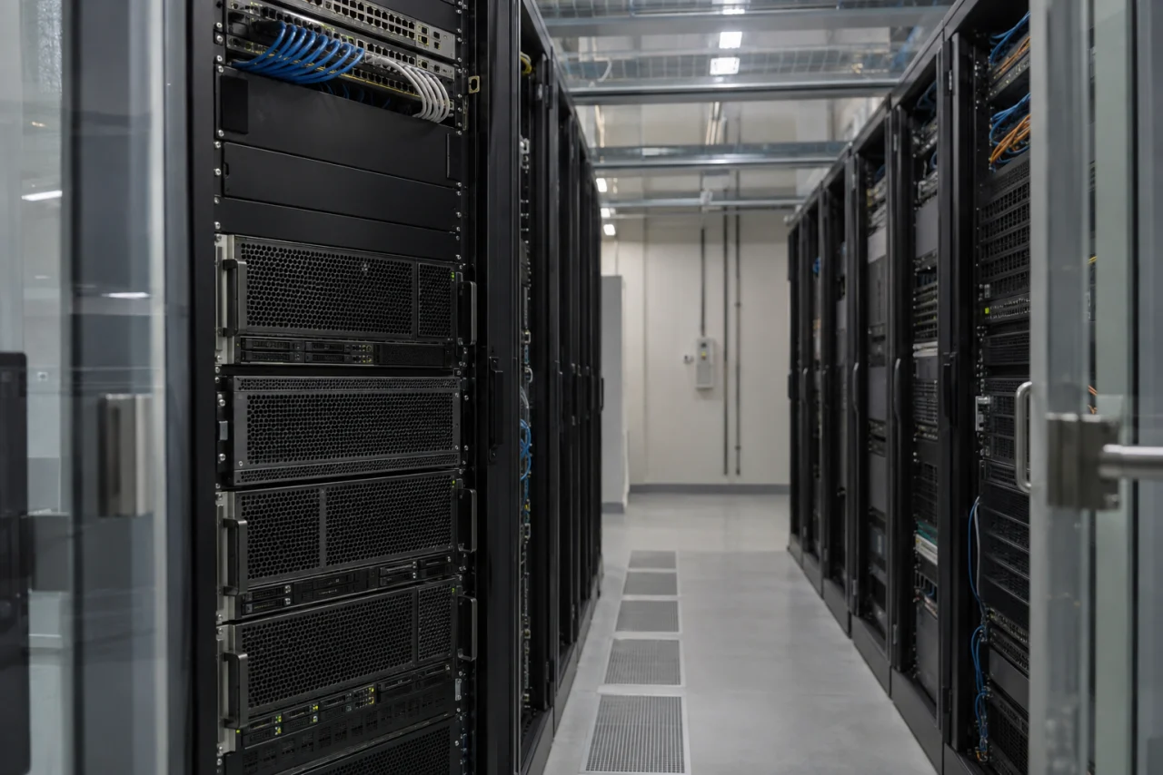 Concept visualisation of a dedicated server room with opposing rack rows and a contained central aisle.