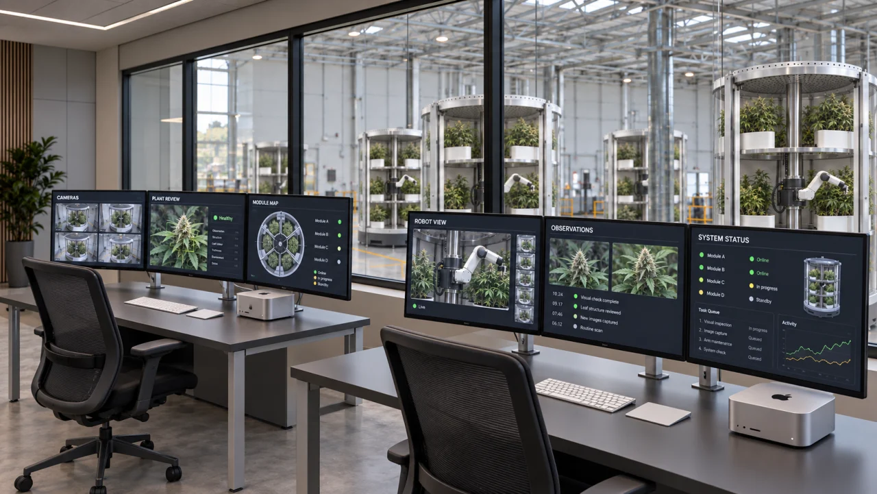 Concept visualisation of operator workstations overlooking cylindrical modules through a panoramic interior glass wall.