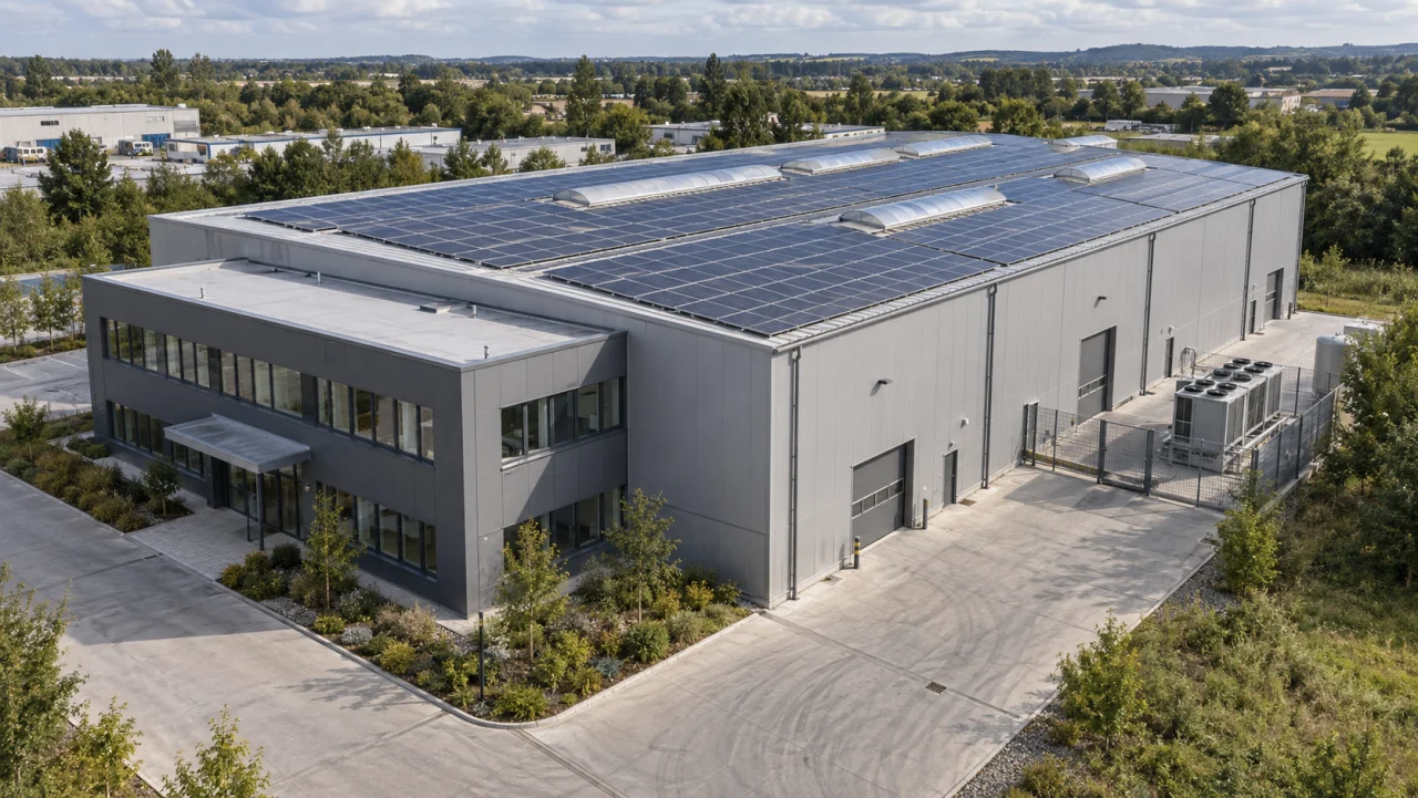 Concept visualisation of a proposed industrial facility with roof-mounted solar panels and an enclosed technical yard.
