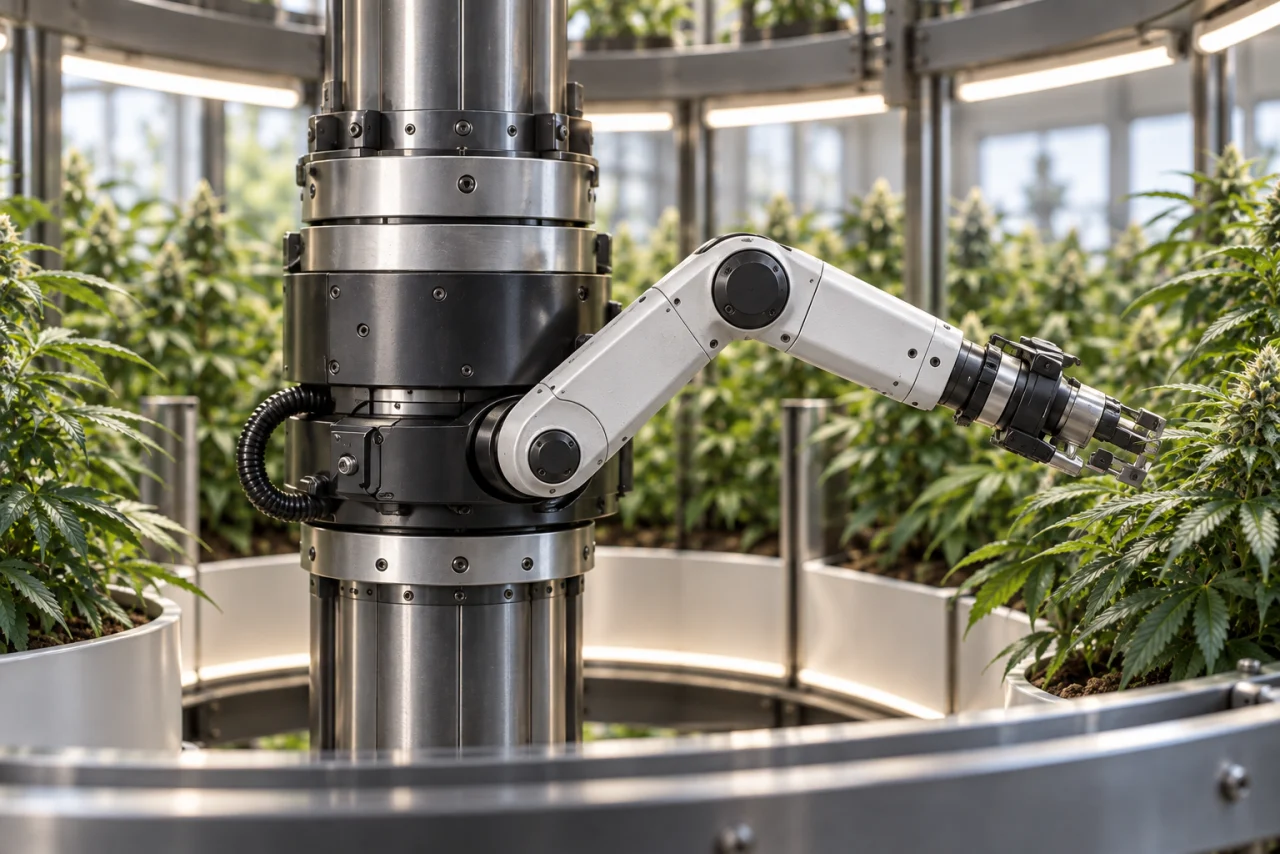 Concept close-up of a compact robotic arm attached directly to the rotary carriage around a central steel column.